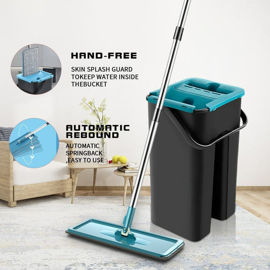 Flat Squeeze Mop With Bucket 360 Rotating Hand Free Washing Floor Cleaning Mop